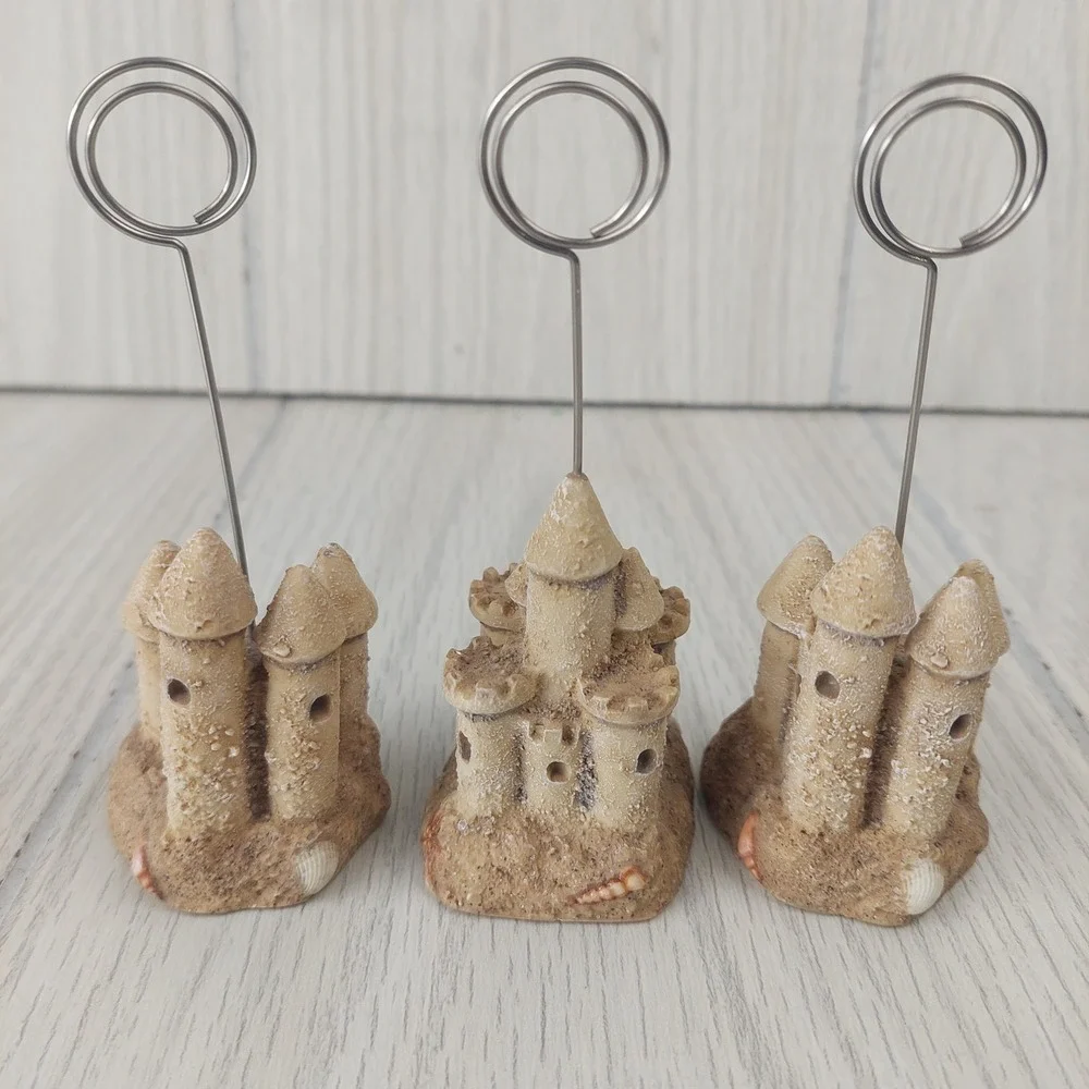 Sandcastle Photo Card Holders Set of 3 Tan Beach Coastal Decor Seashells Home
